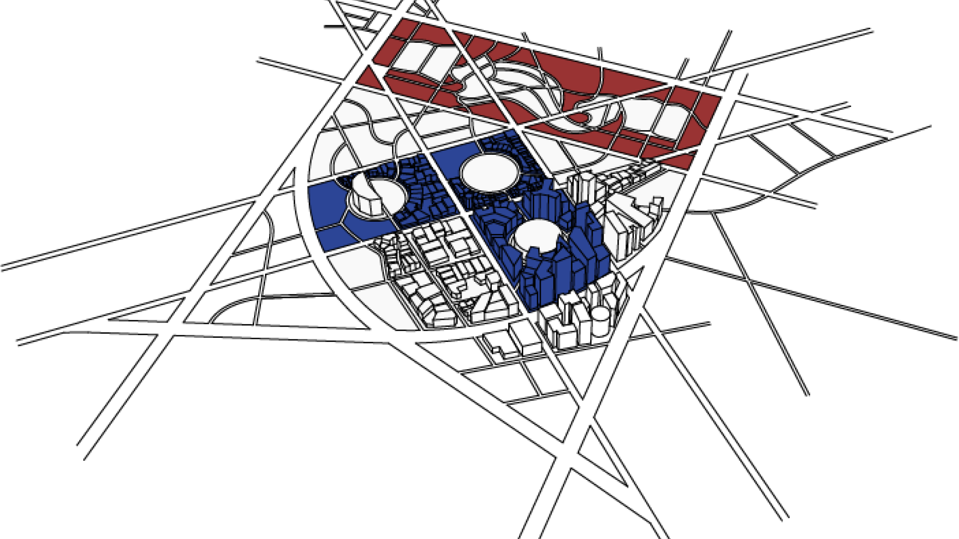 Illustration of city area design in such a way that street plan resembles the UPenn logo
