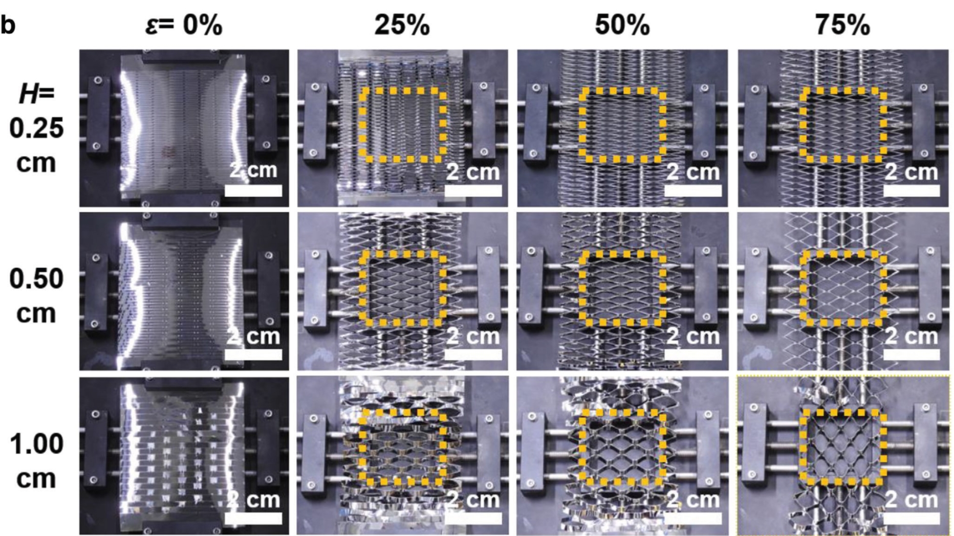 Photographs of the stretched kirigami envelopes pf different H’s (0.25, 0.50, and 1.00 cm) under different strains (𝜖 = 0, 25, 50, and 75%, respectively).