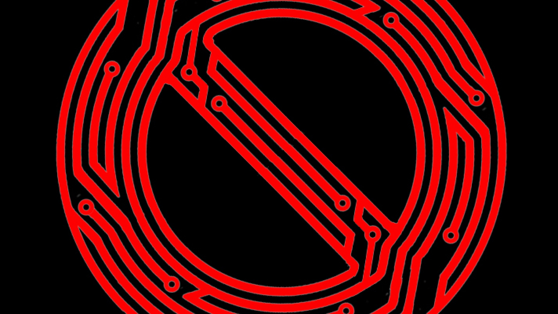 Image where the "No" sign where a line is drawn diagonally through a circle has been portrayed as if it has been turned in to a piece of computer circuitry.