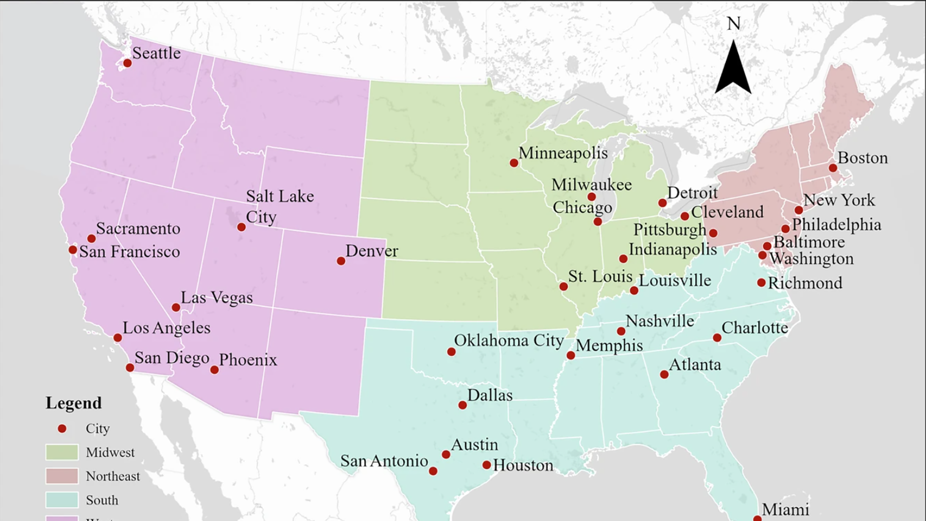Map of 34 major U.S. cities’ geospatial distribution in four geographical zones