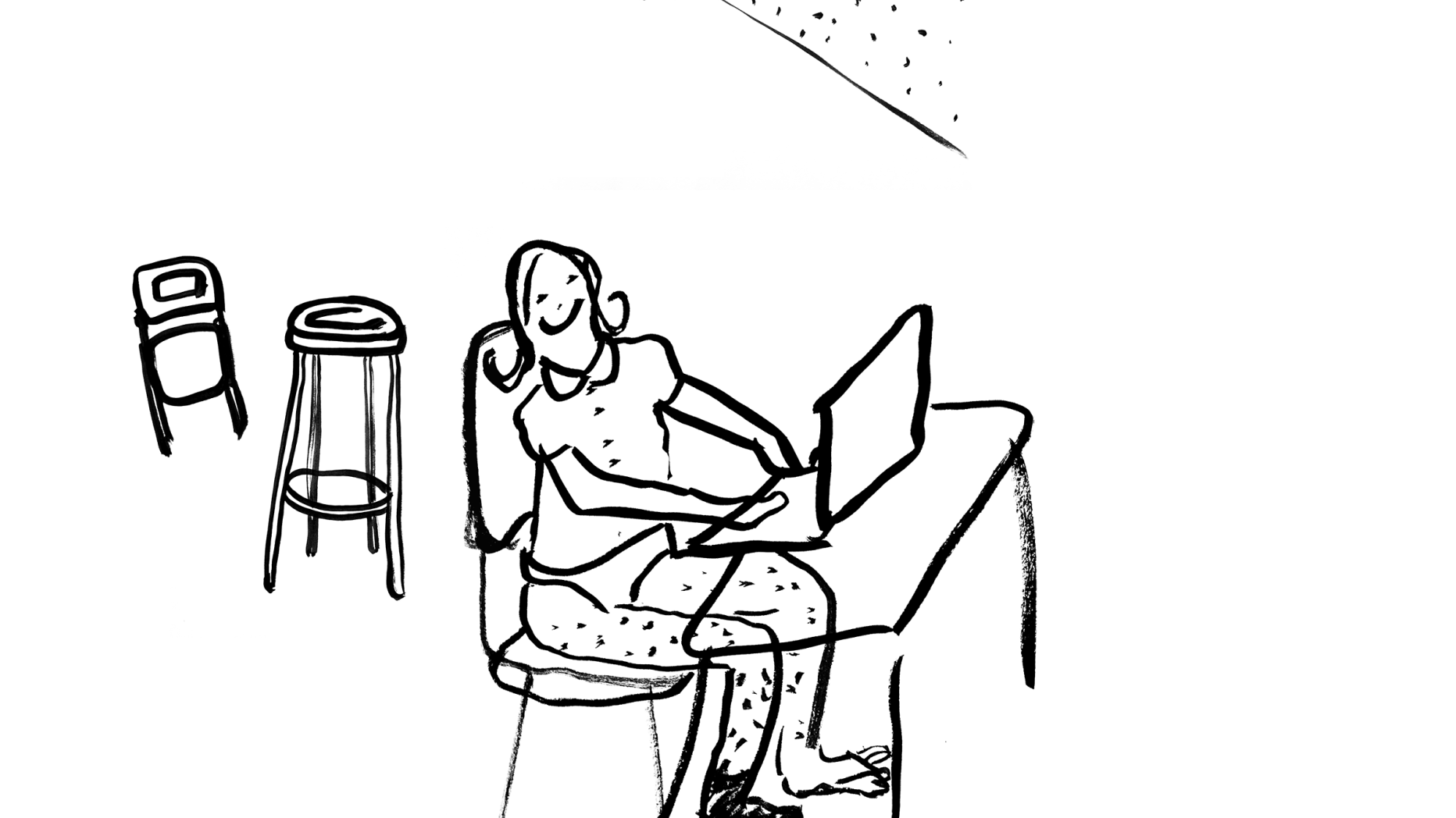 Drawing of person sitting at a laptop under a projector