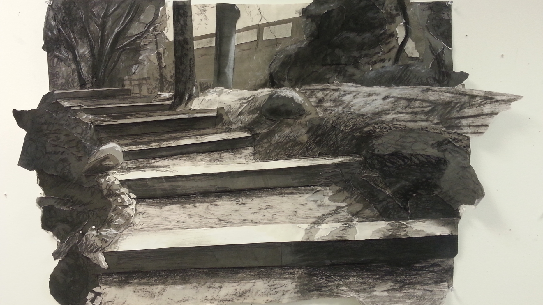 Charcoal drawing of outdoor staircase. The drawing has been cut so that natural features in the image stick out of the implied frame.
