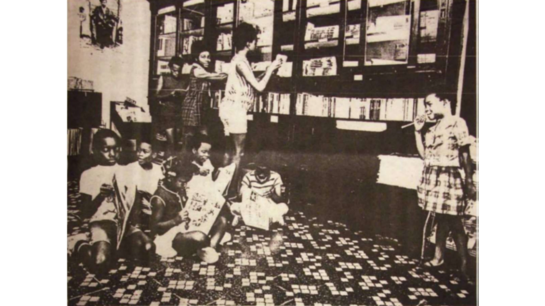 A reading room inside a People’s Free Library in Philadelphia, Pennsylvania in the early 1970s Source: Unknown. A People's Free Library for All the People. Photograph. The Black Panther Intercommunal News Service Vol. VII, No13. San Francisco, CA: Black Panther Party for Self Defense, 1971.