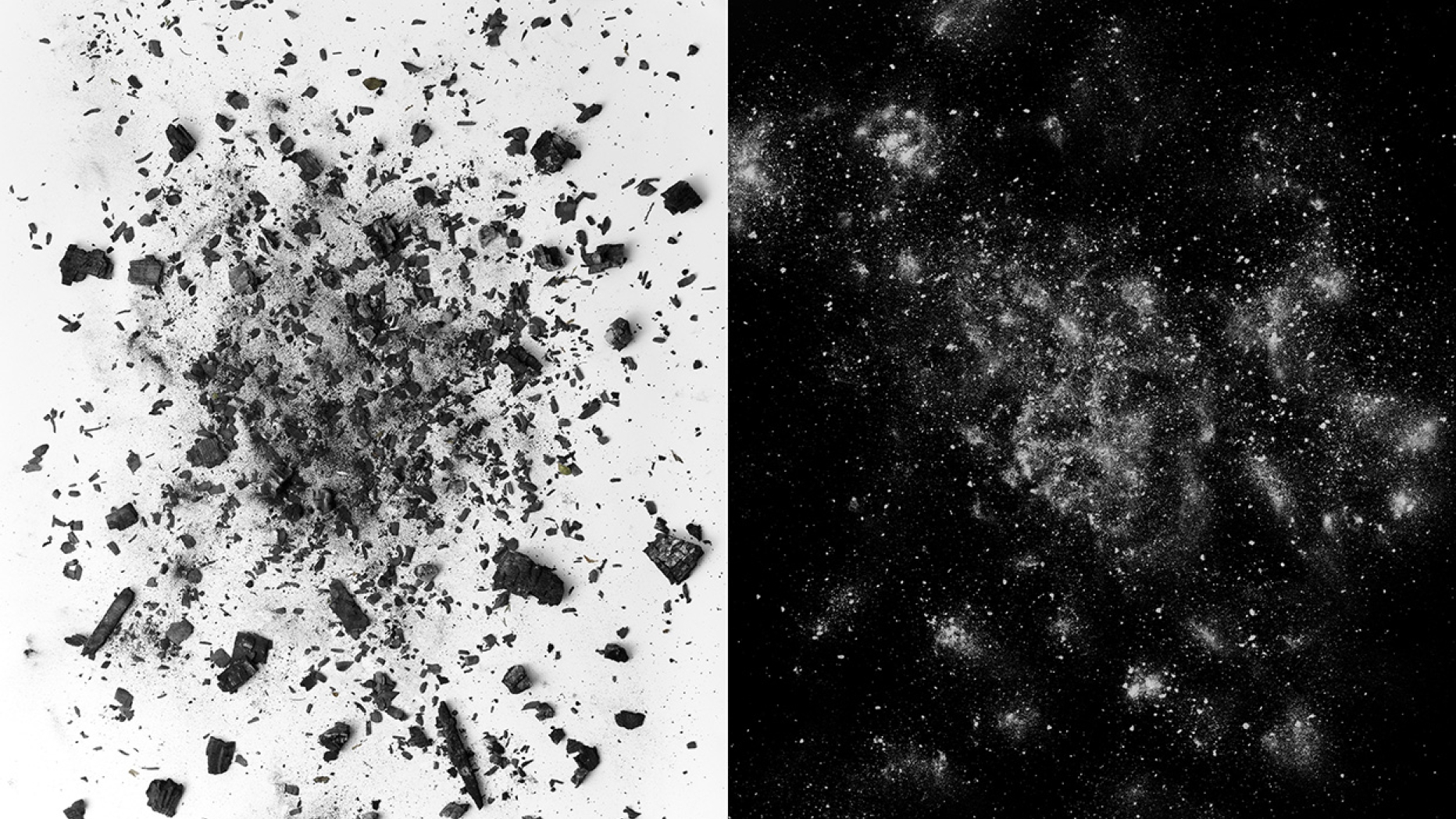 A photo of scattered debris in two parts on the left the debris is black on a white background on the right it is reversed