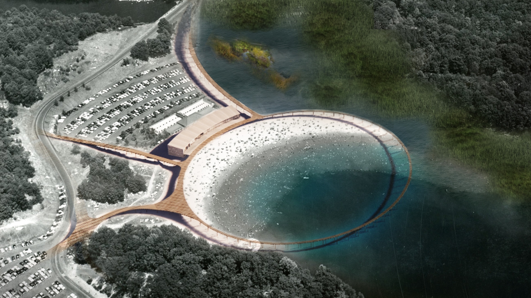 A conceptual rendering of a bathhouse designed for Lake Sebago.