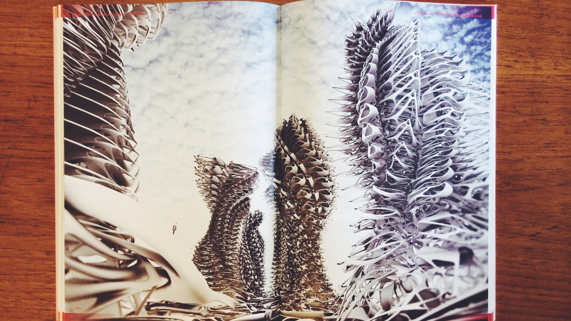 Opened volume on a wooden table. The pages display a drawing of large spiney organic looking structures.