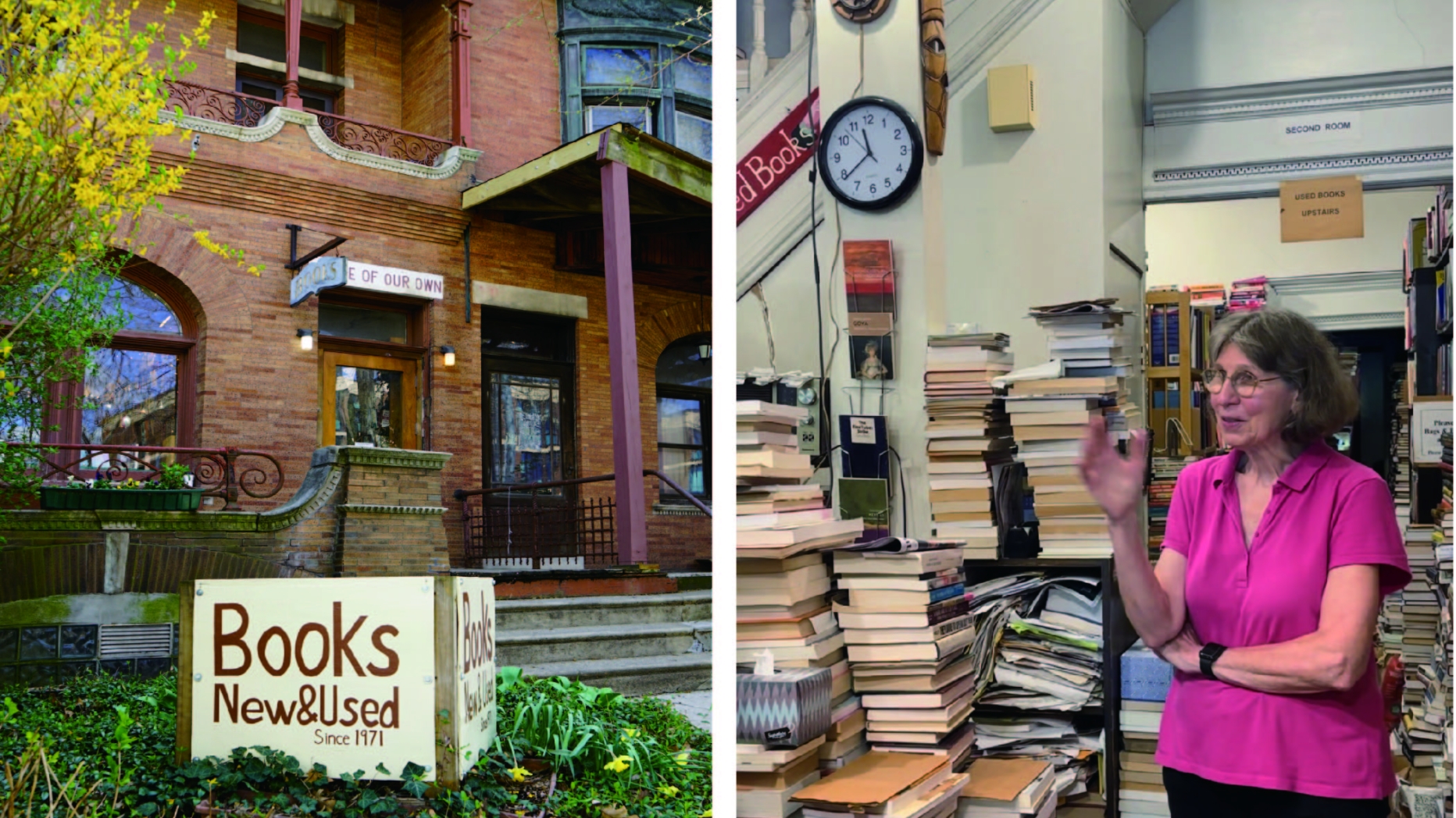 side-by-side of bookstore on left and woman speaking among piled books on right