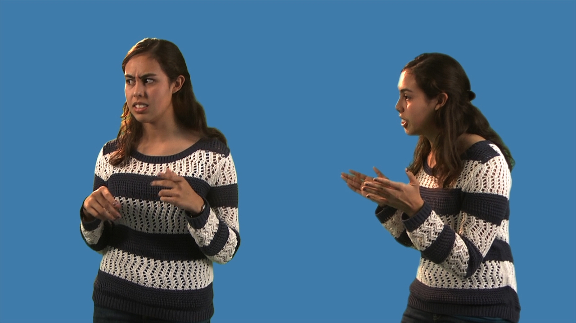 The same woman standing in front of a blue screen from two different angles.