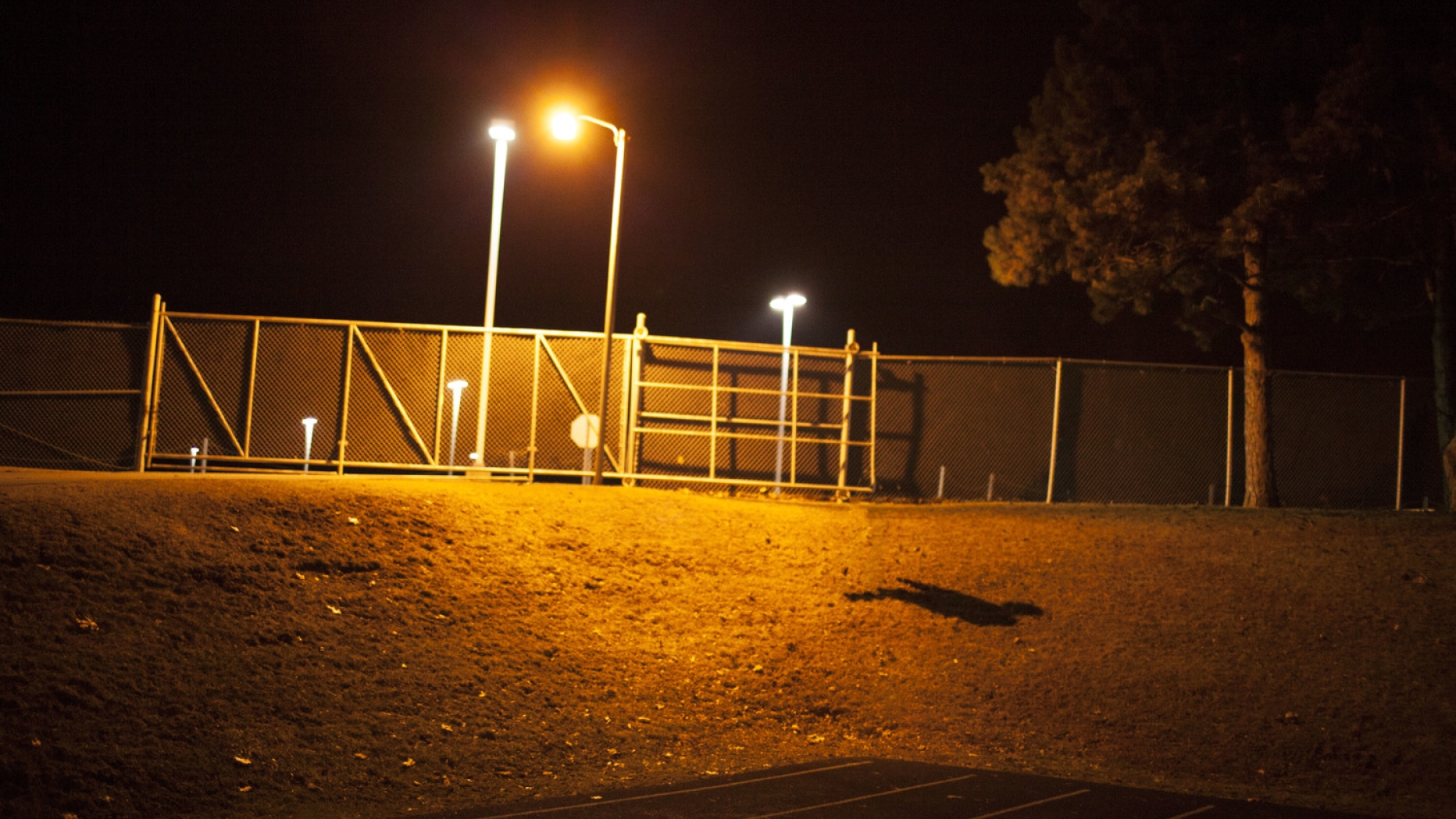 Outdoor art piece featuring a shadow cast by a streetlight that looks like a person.