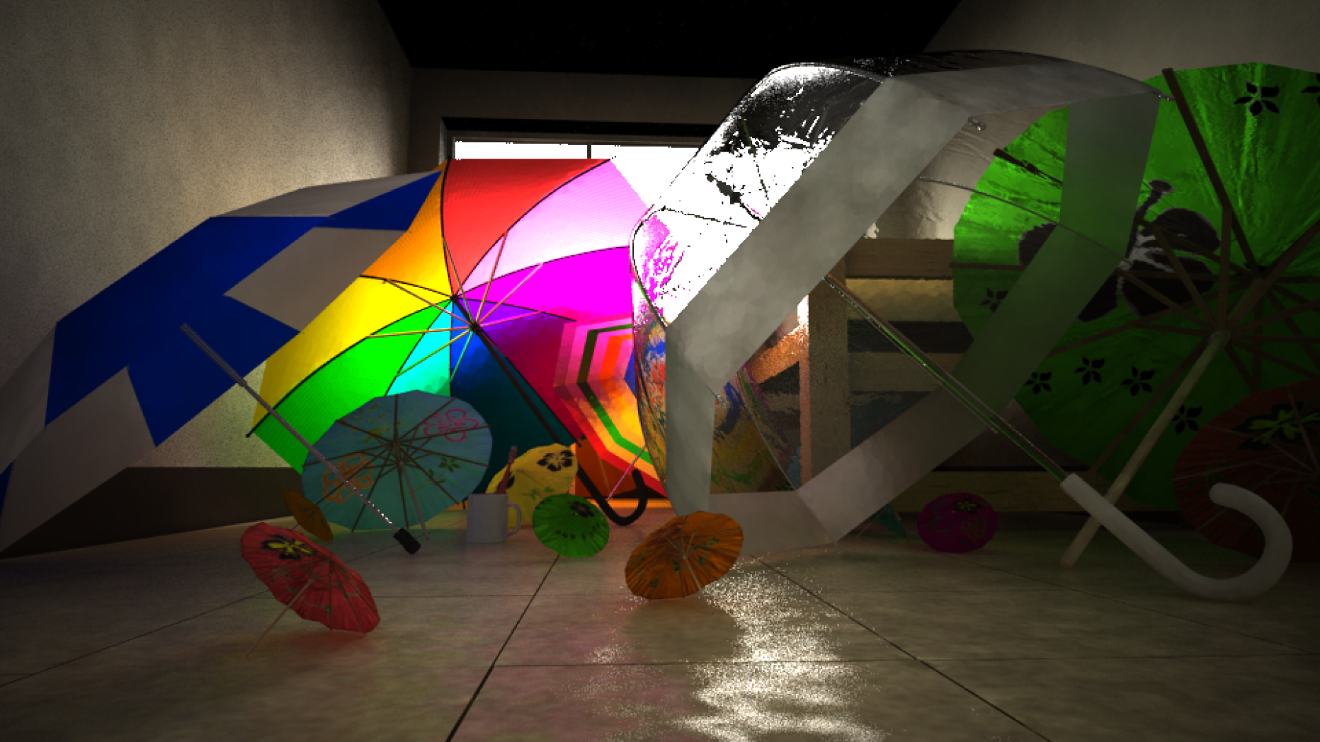 CGI graphic of several umbrellas all of different size, shape and color in a room with natural lighting.