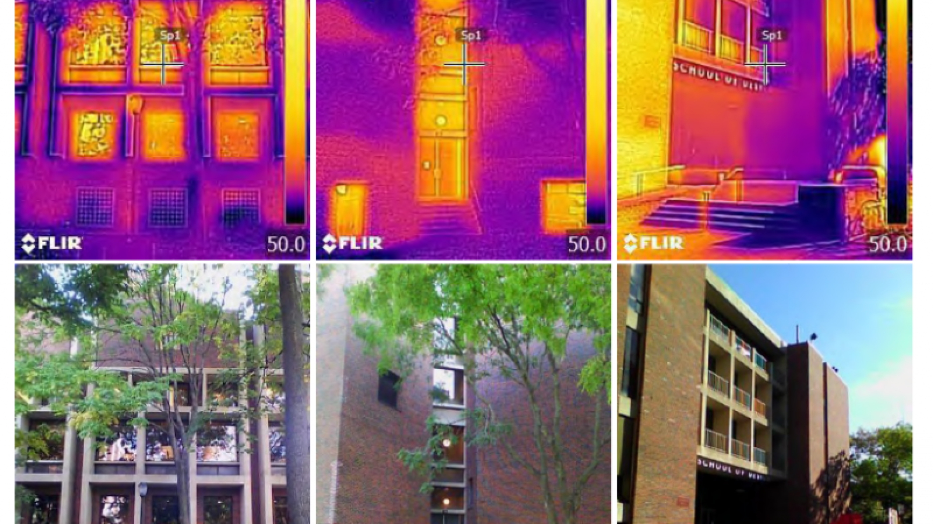 Photos of buildings compared to infrared photos of the same buildings.