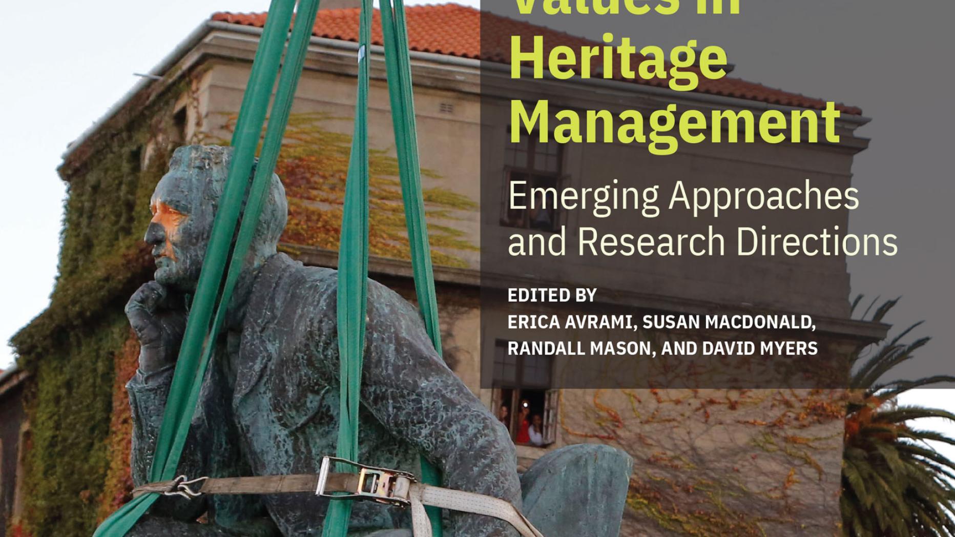 Bookcover, workers moving a large outdoor sculpture with a crane 