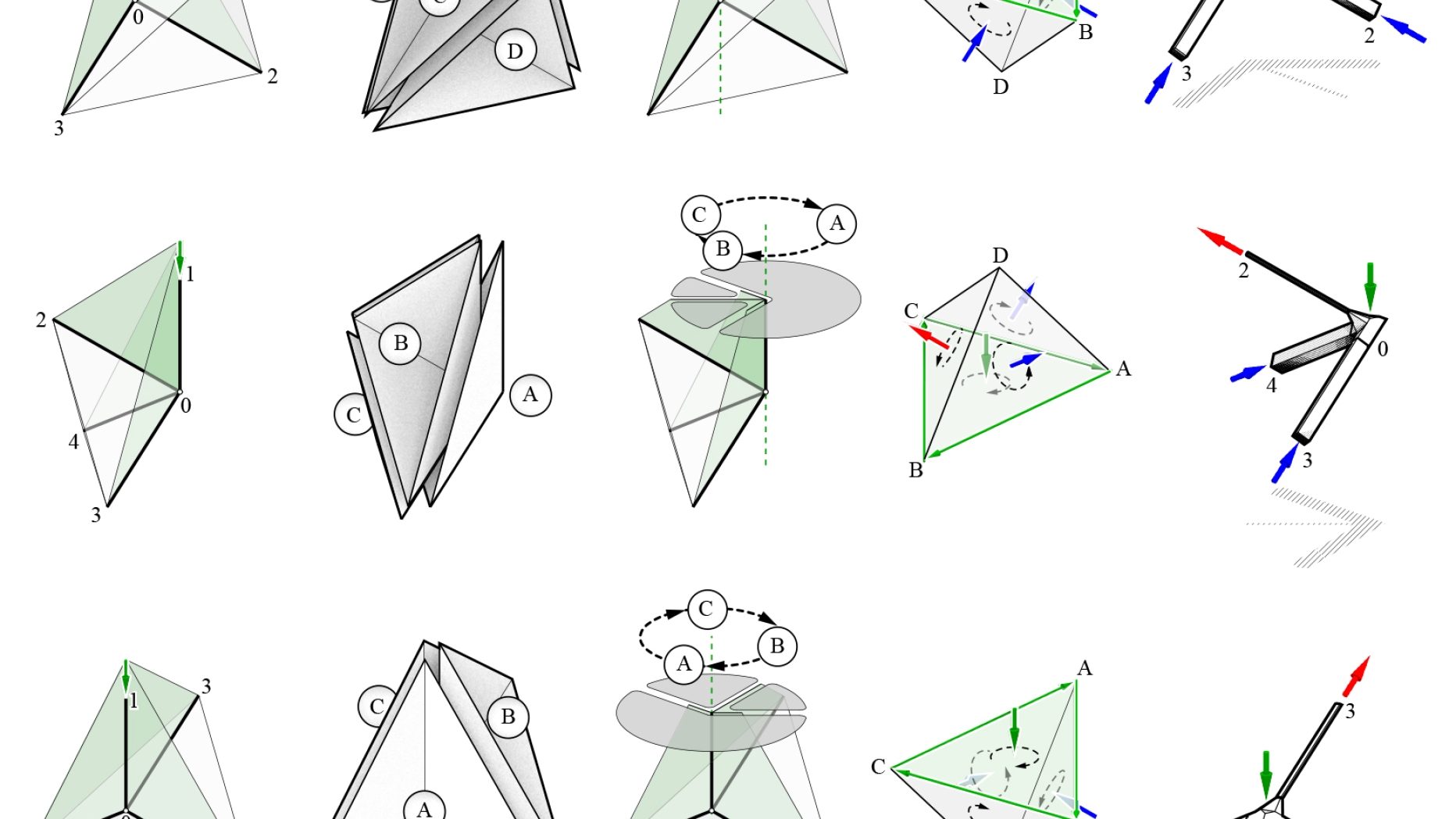 Rows of models of tetrahedron like structures