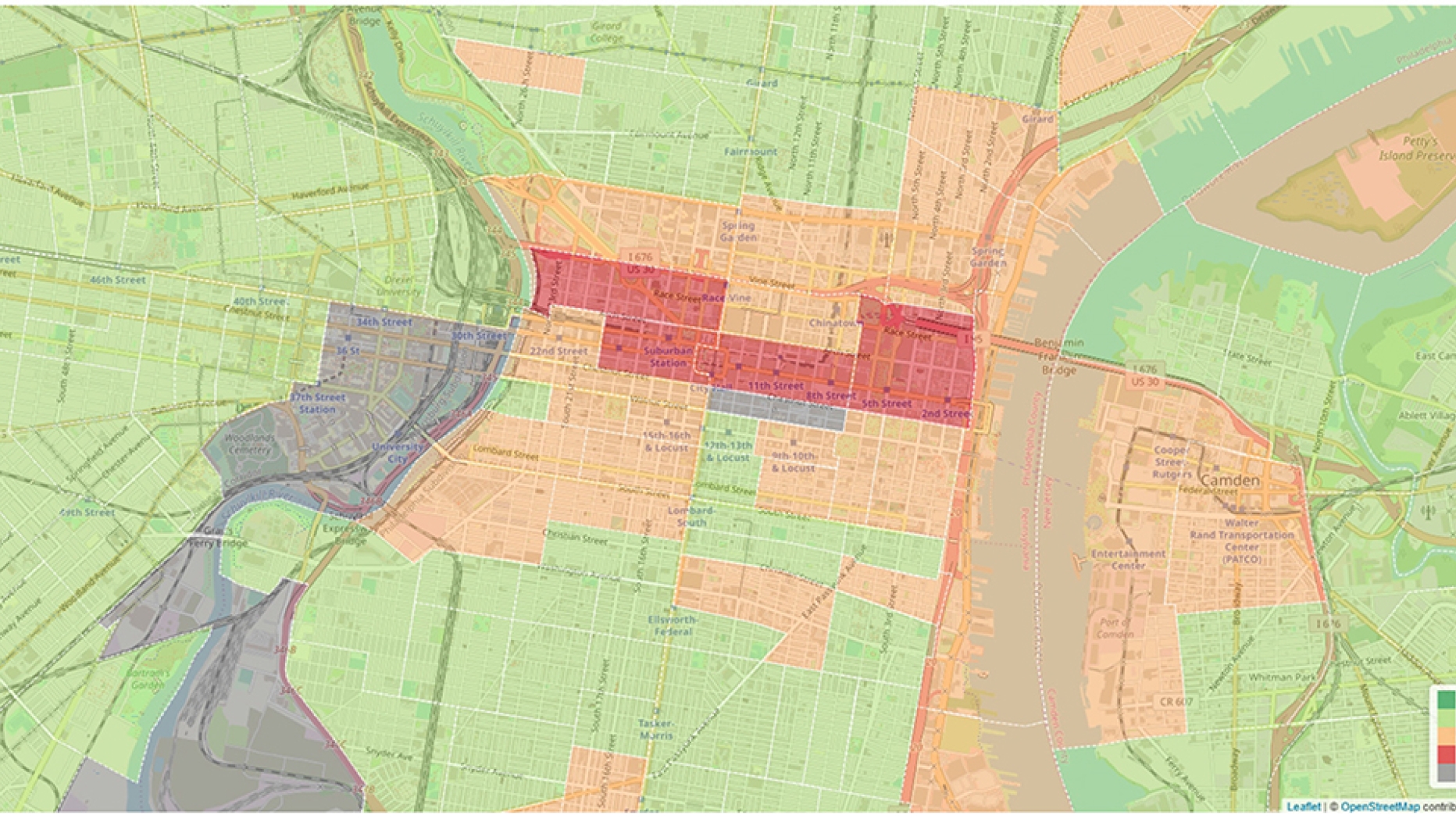 Map of Philadelphia with colored zones