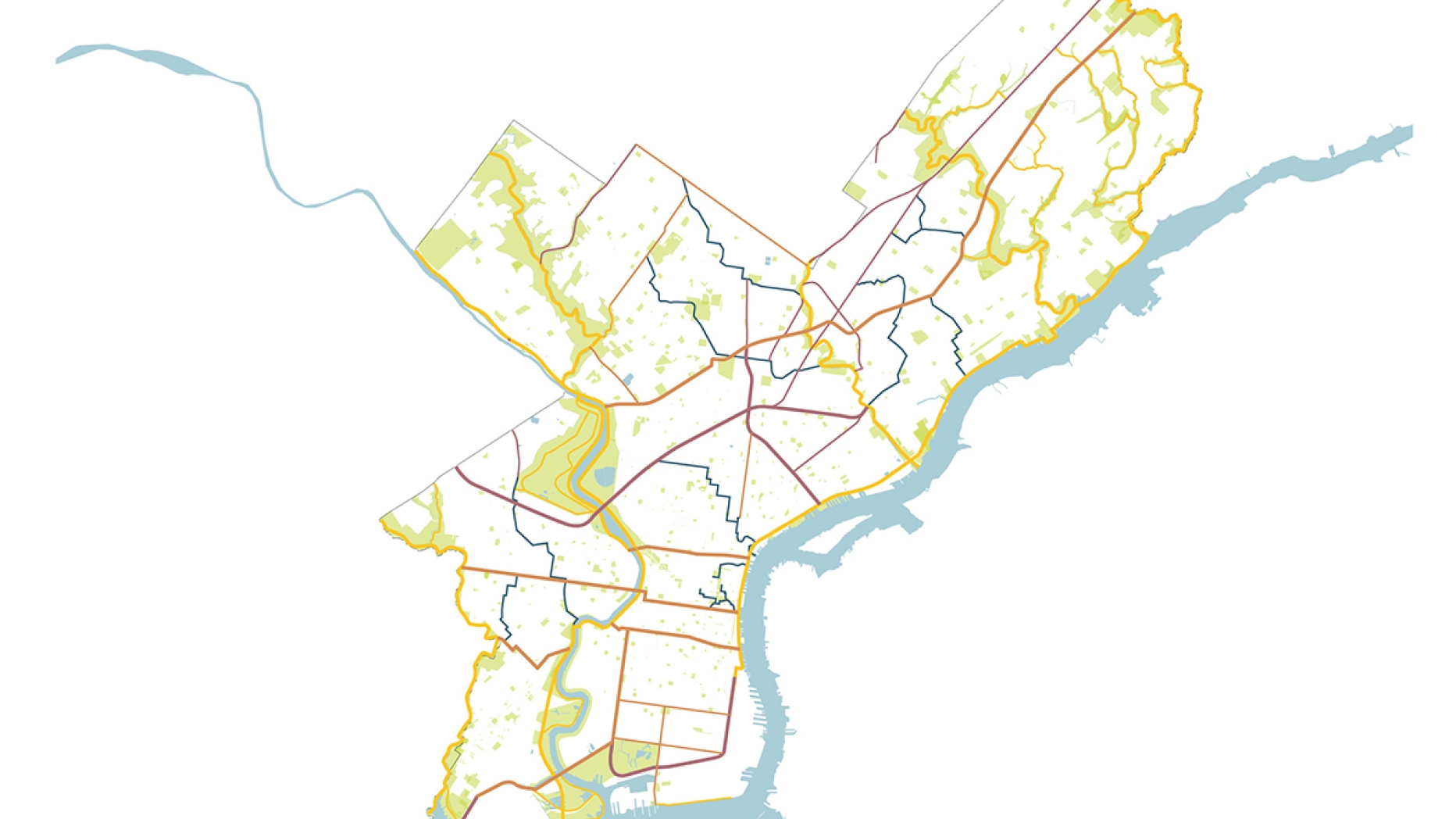 Rudimentary map of Philadelphia including green spaces.