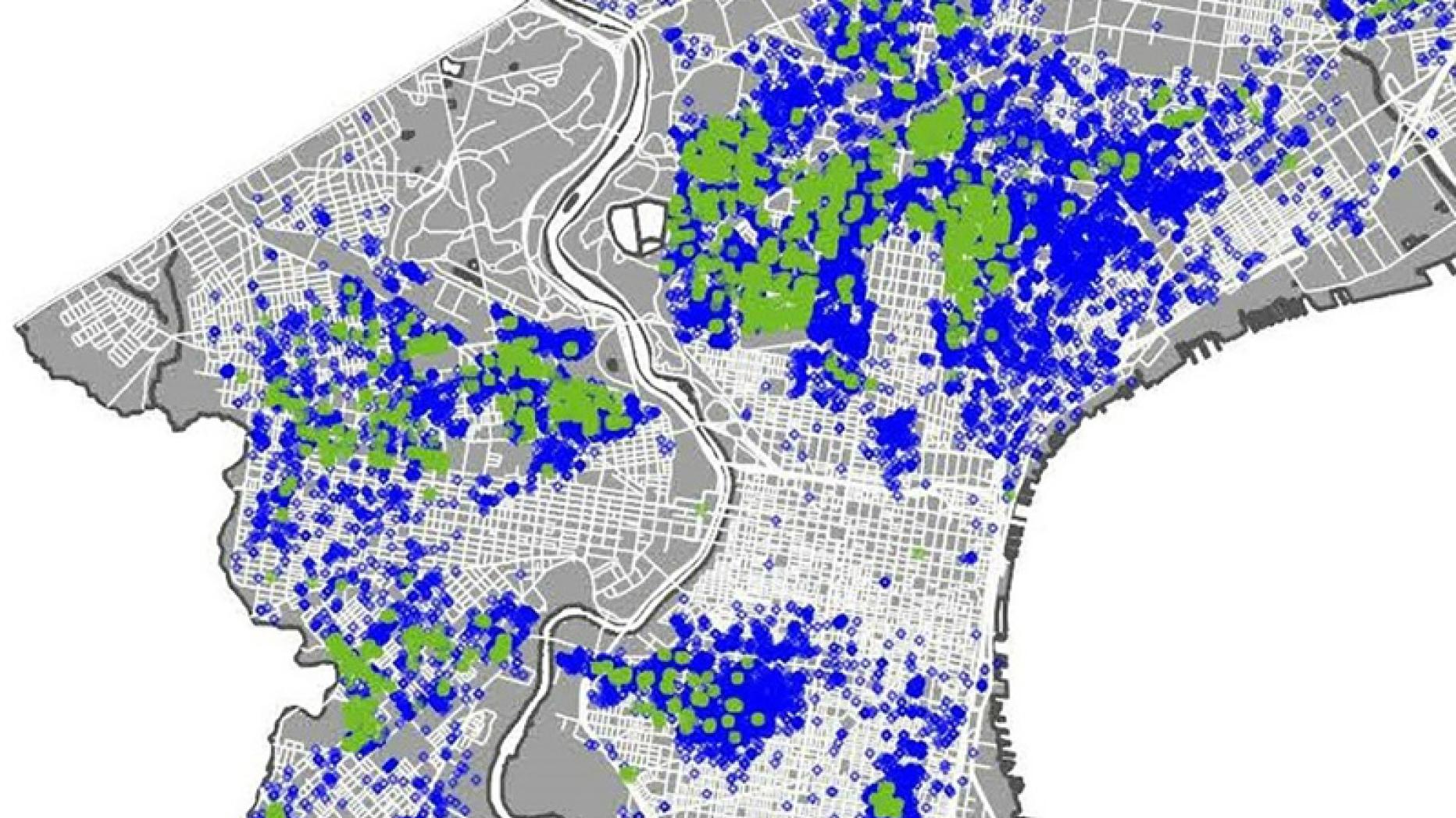 A map of Philadelphia with green and blue boxes