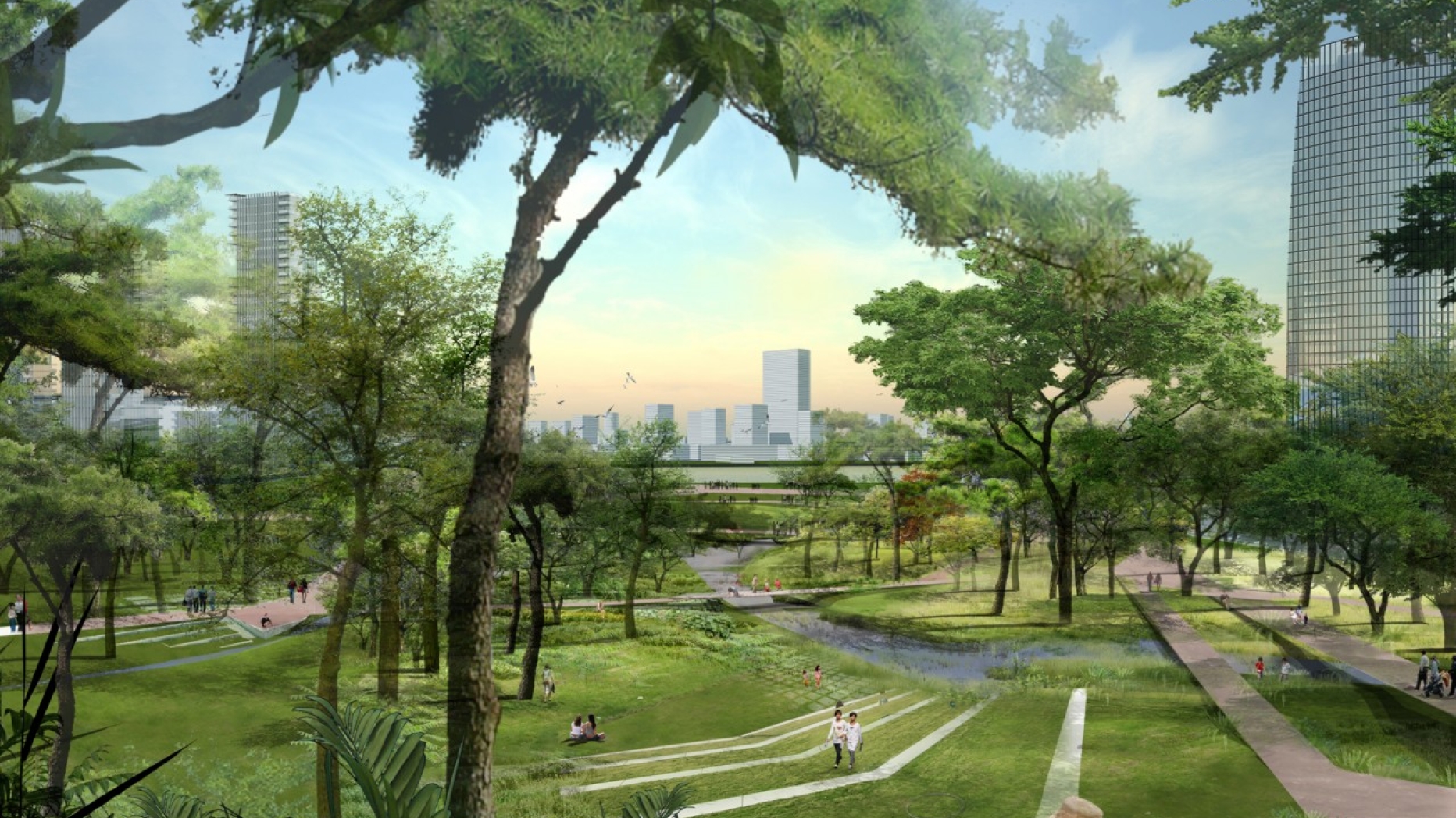 Visualization of architectural project in park area.