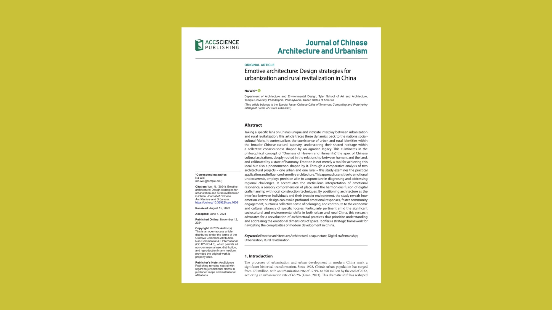 Cover page for a research paper titled Emotive Architecture: Design Strategies for Urbanization and Rural Revitalization in China. The cover features a modern architectural design, symbolizing the integration of emotive architectural elements in urban and rural Chinese landscapes, aiming to inspire renewal and sustainable growth.