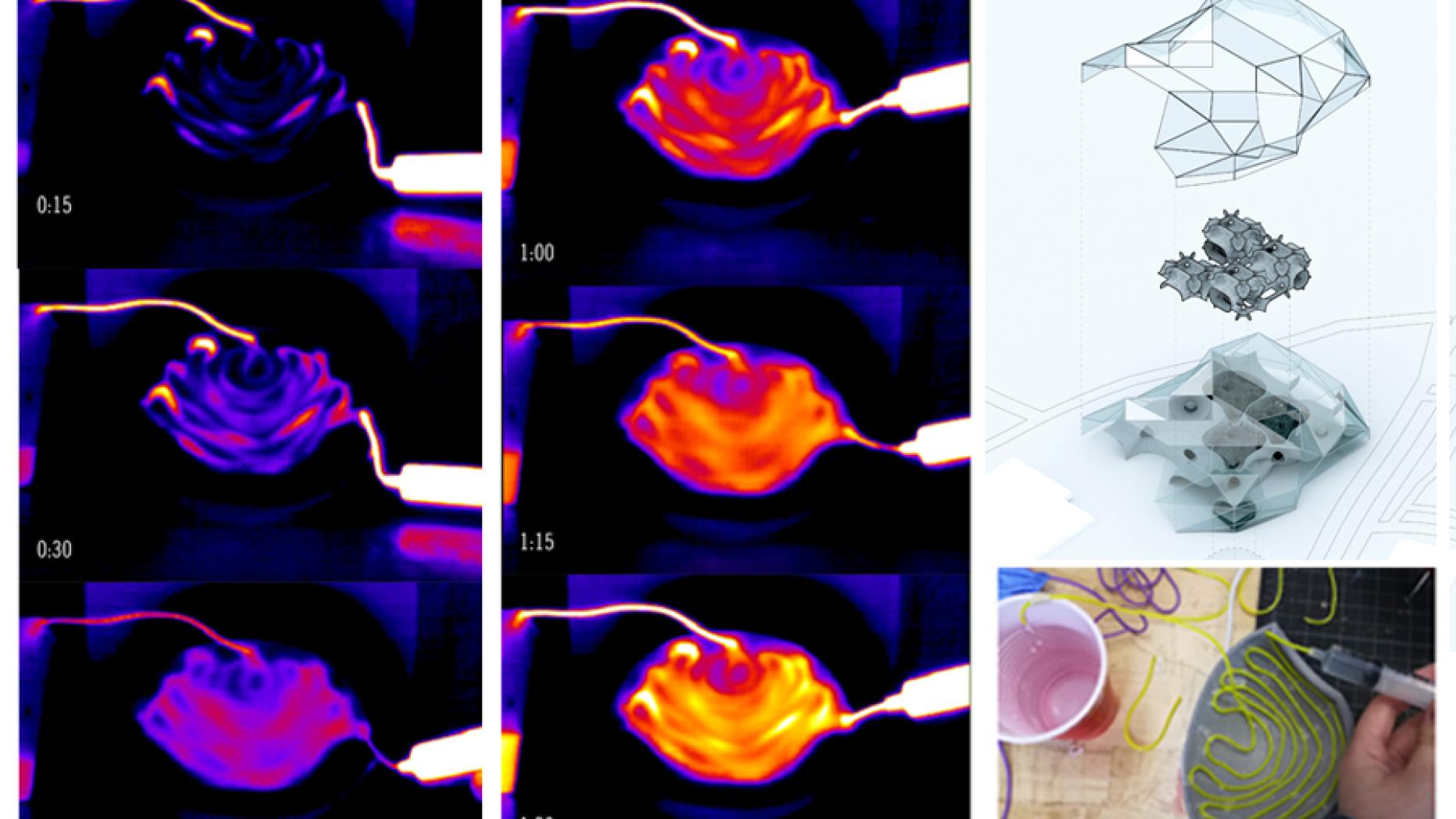 thermal images of an experiment injecting hot water to a tube in a scaled model of architecutral curved surface
