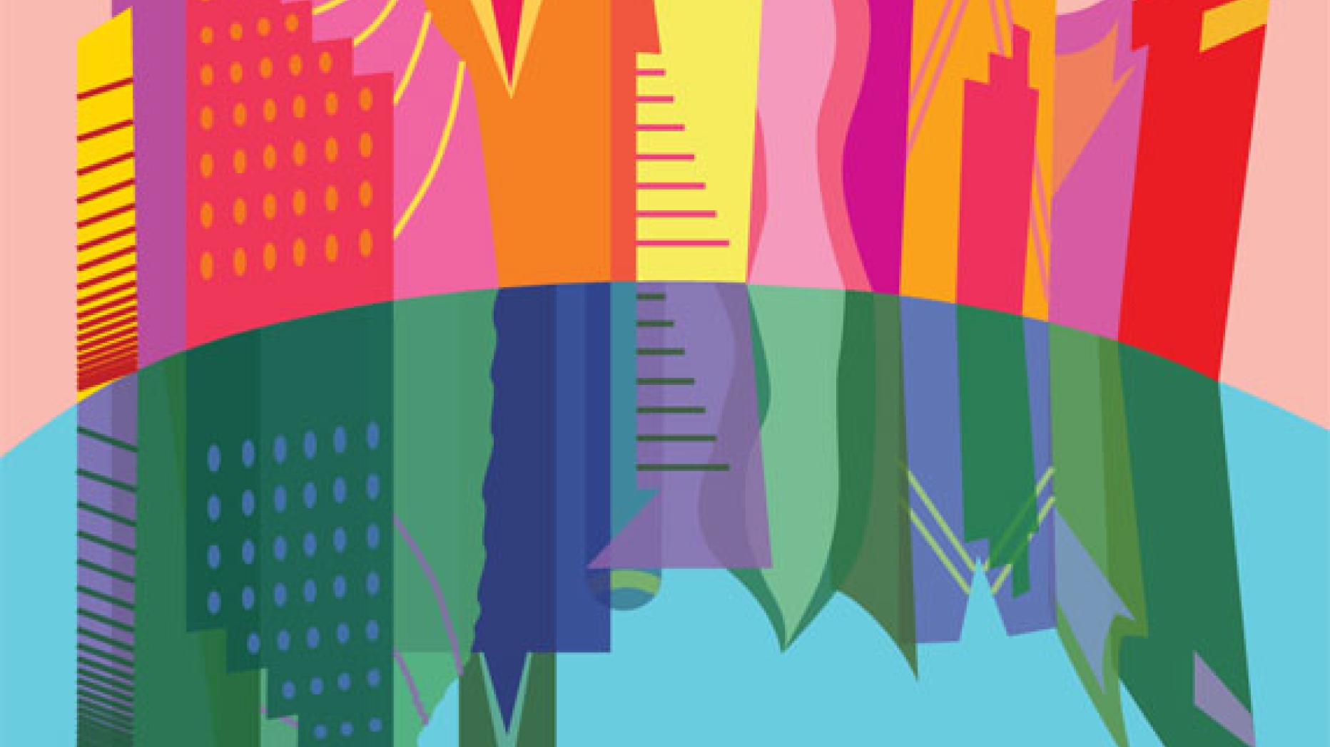 Stylized city skyline where all of the building are cartoonishly colored in pink, yellow, red and orange. Below the skyline is flipped image of the skyline where all of the colors of the buildings are the complementary opposite of what they are above.