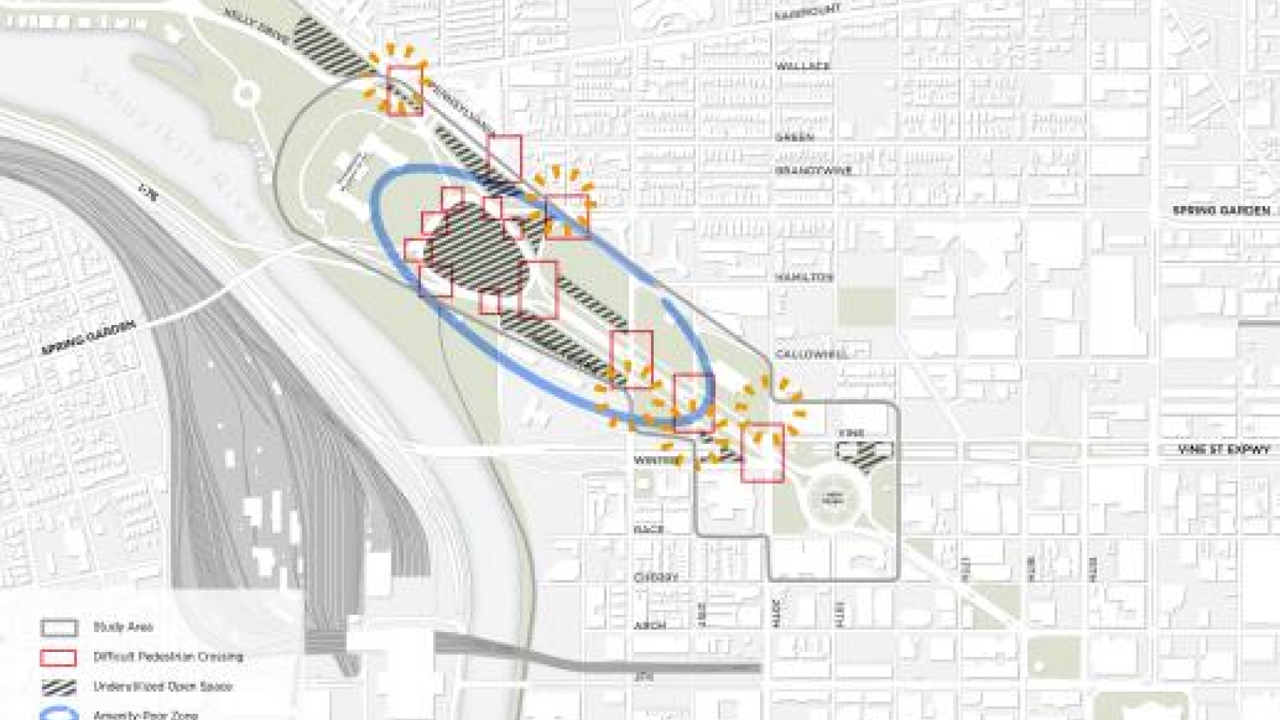 Map of Benjamin Franklin parkway with key problem areas highlighted.