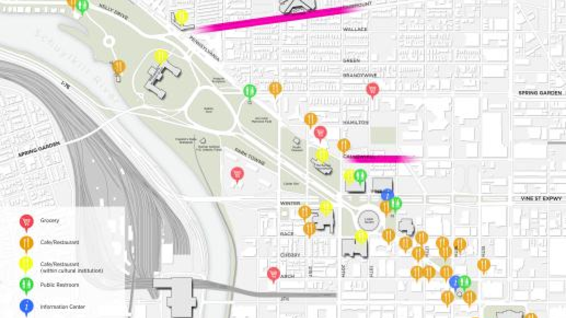Map of Benjamin Franklin Parkway with key amenities such as local retail areas, restroom and restaurants highlighted.