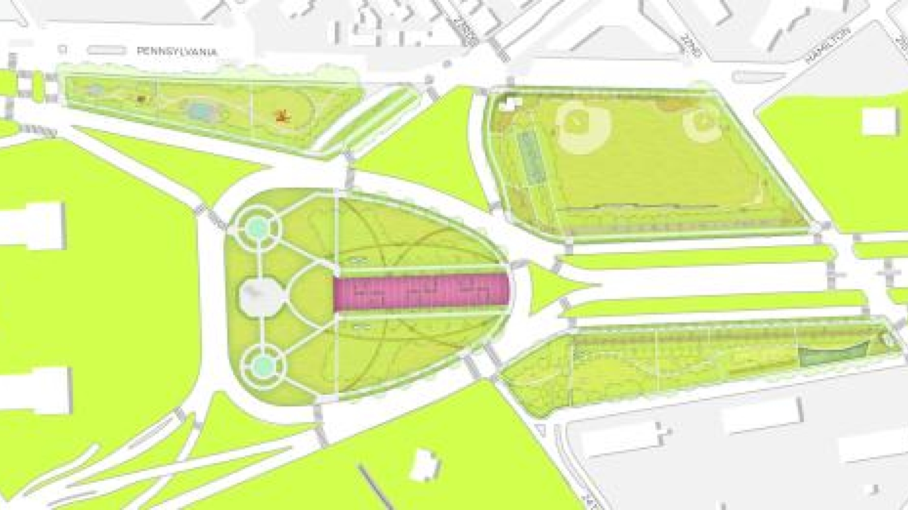 Map of section of the Benjamin Franklin Parkway with proposed changes and developments added.
