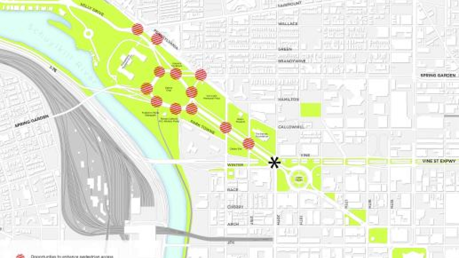 Map of Benjamin Franklin Parkway with various locations for potential improvement highlighted.