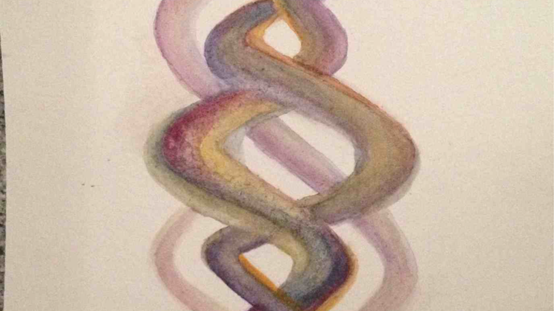 Watercolor painting featuring many different colors winding around each other in a double helix formation and then blossoming out at the top of the painting.