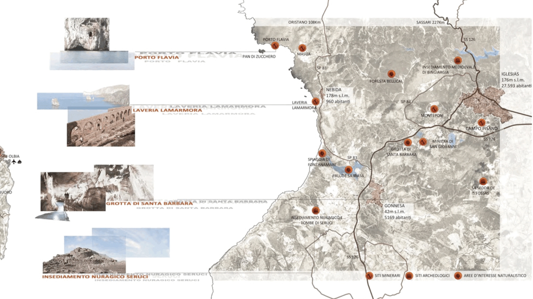 Map of Sardinia Geo-mining park with certain areas highlighted and accompanying photographs.