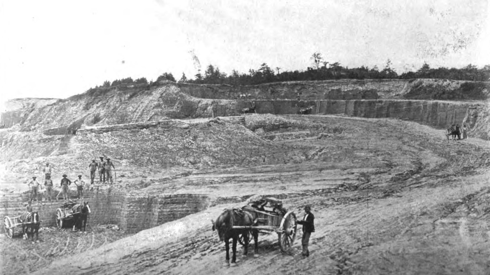 B&W photo of mule carting clay out of clay quarry