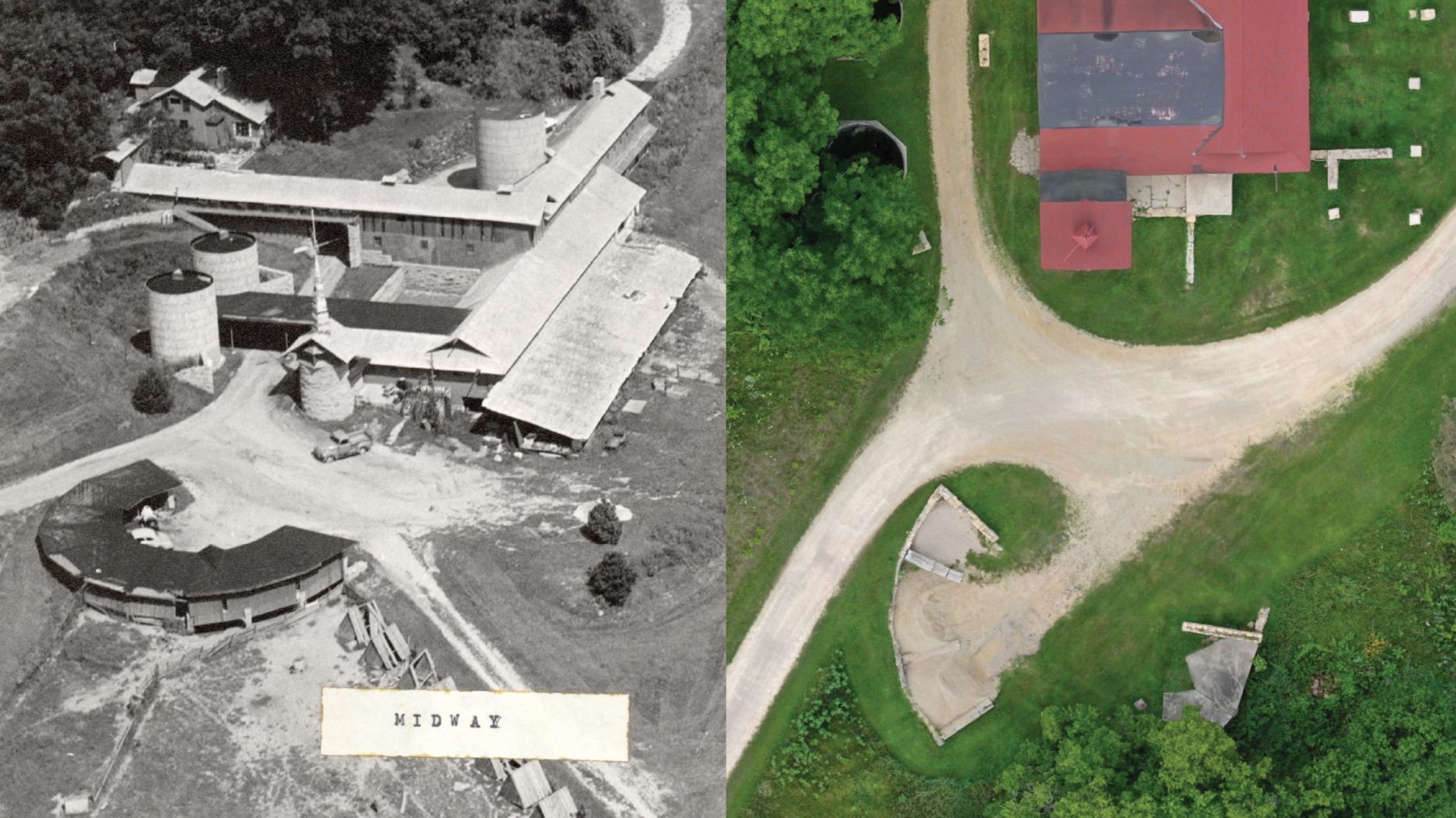 Side by side of the Midway barn when it was built and today