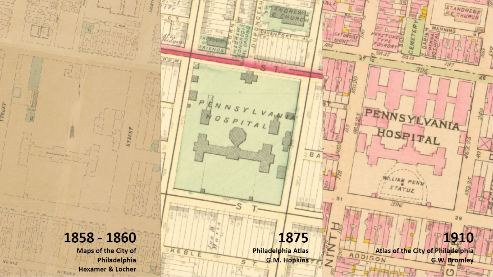Three maps show the change of the site from 1858-1910. 