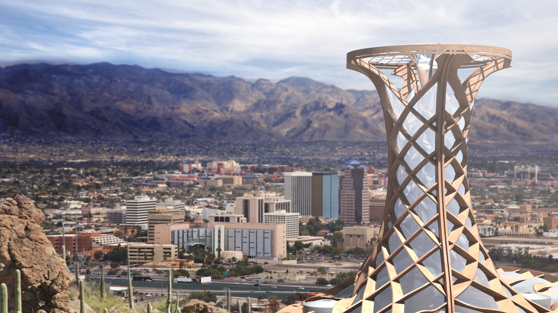 Rendering of large evoluting cylindrical tower with lattice structure