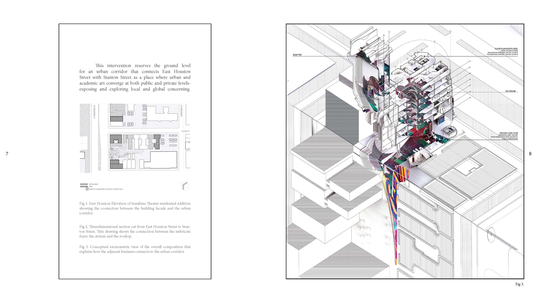 Conceptual axonometric view of apartment building that shows the imbricate foyer, the atrium and rooftop