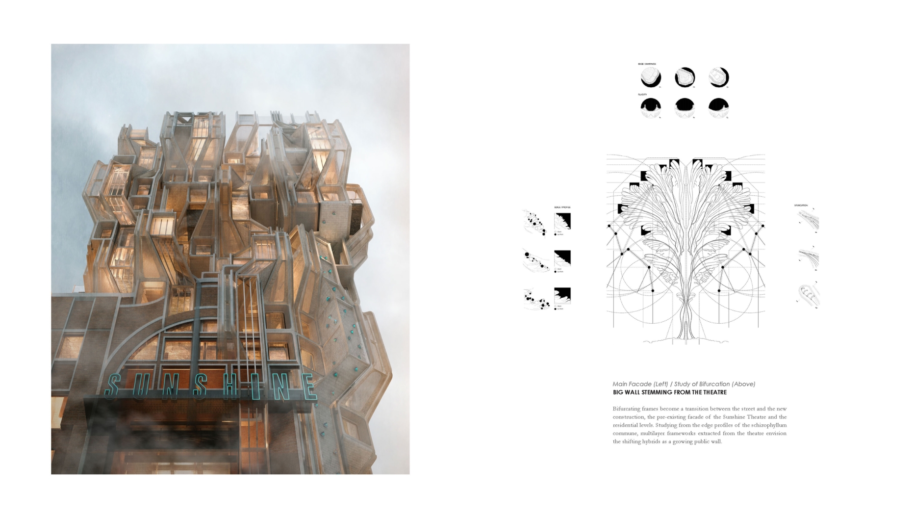 Building facade with abstract industrial aesthetic and geometric protrusinons