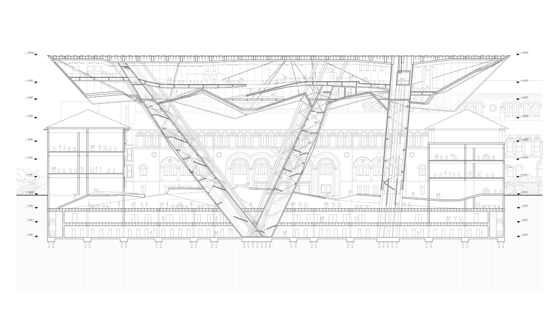 Drawing of a building structured as a canopy standing over an older building
