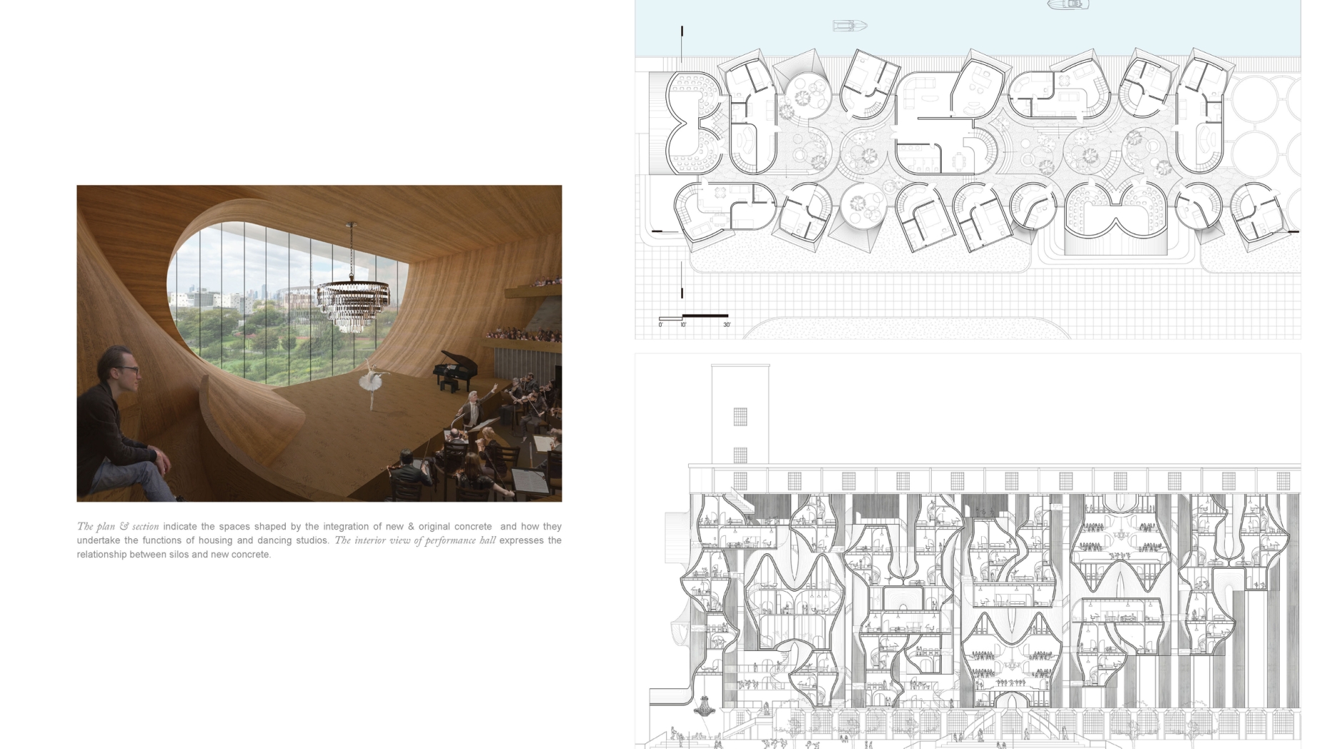 Floor plan and interior view of room with curving wooden panels 