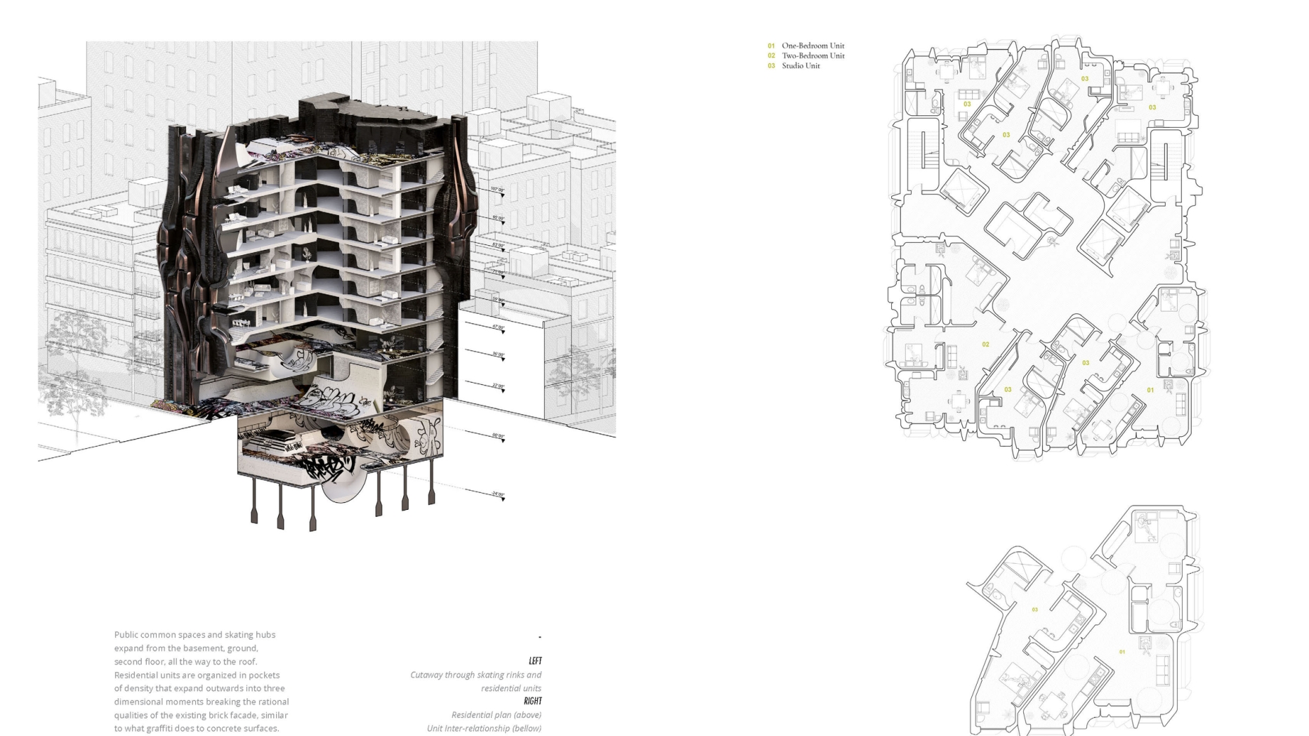 Cutaway and floor plans for apartment complex with large skateboard park in basement