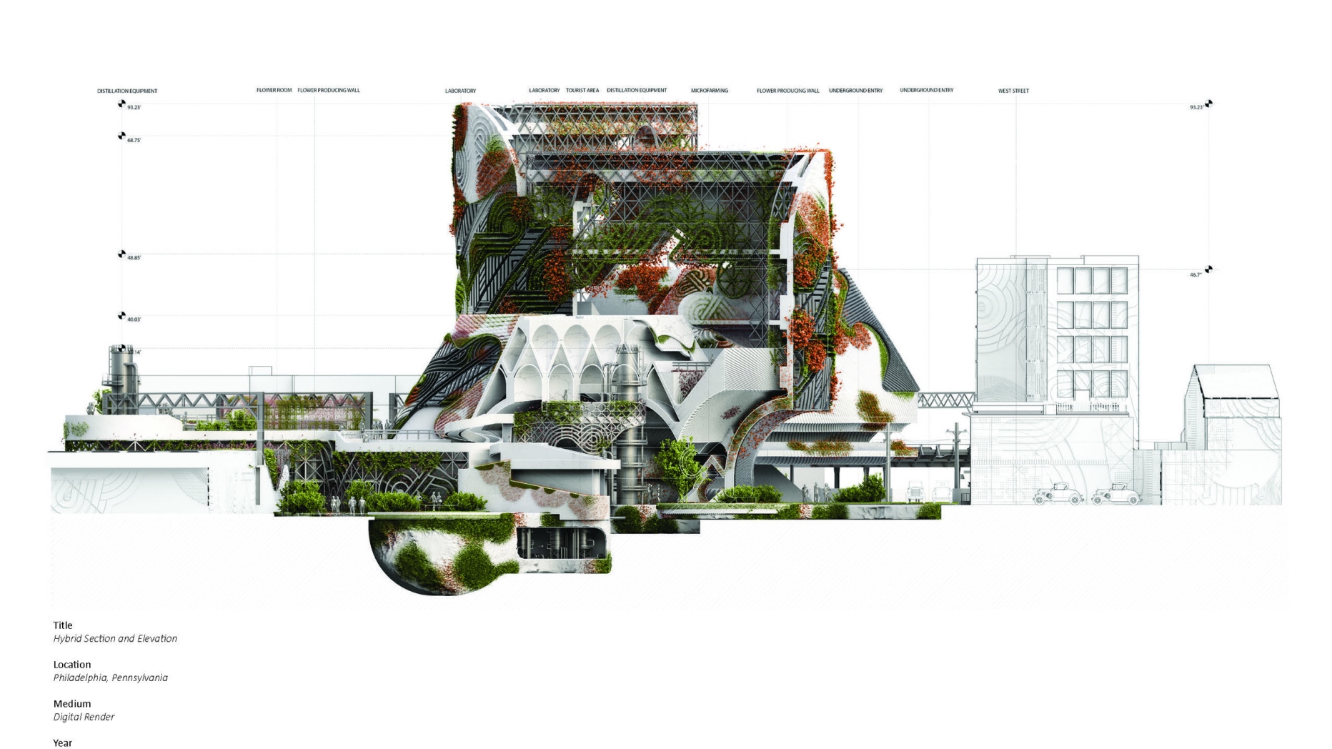 Patterned surfaces and plant covered walls come together to create an enormous multi-building structure