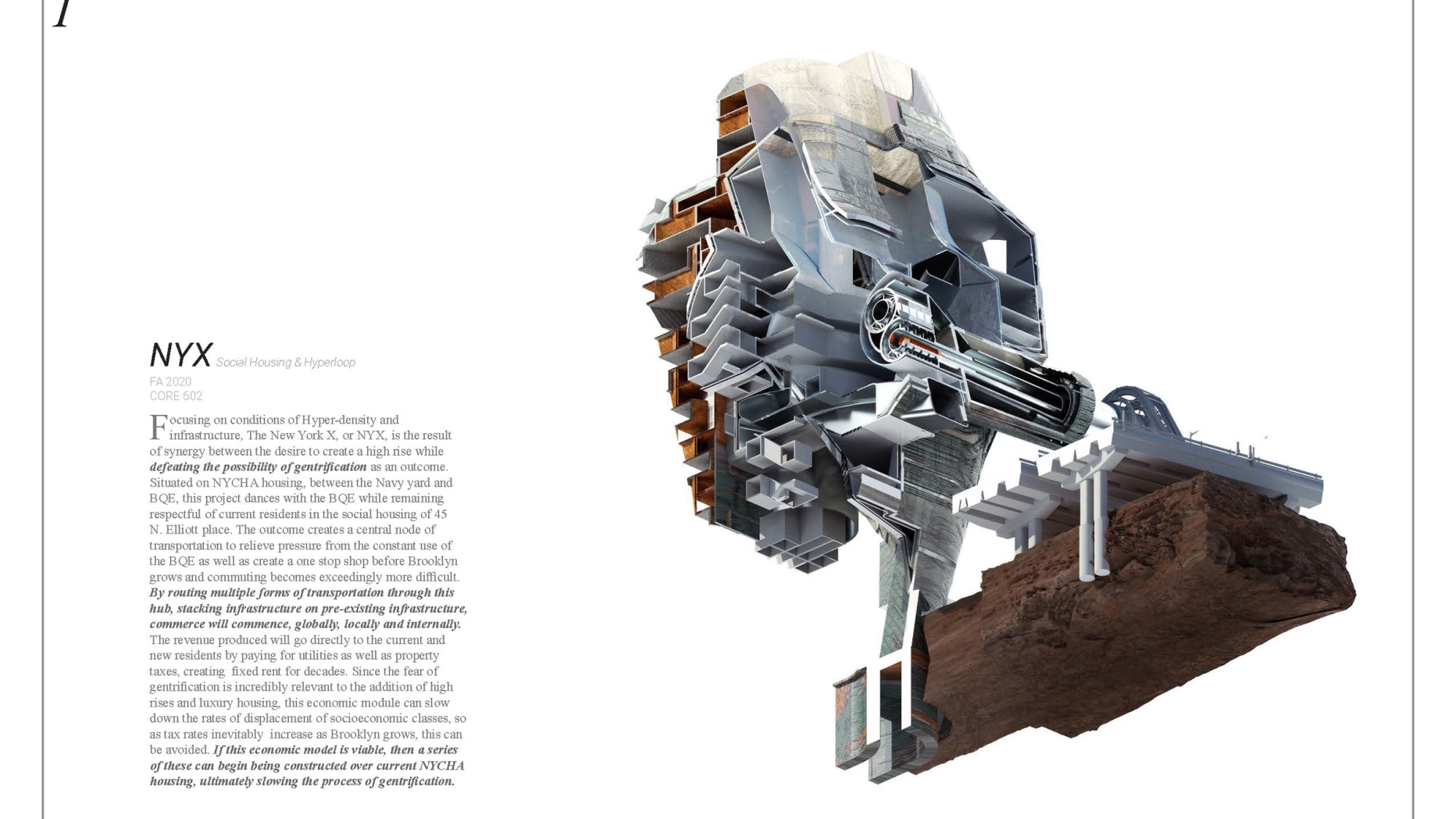 Partial cutaway of high rise that is connected directly to a railway