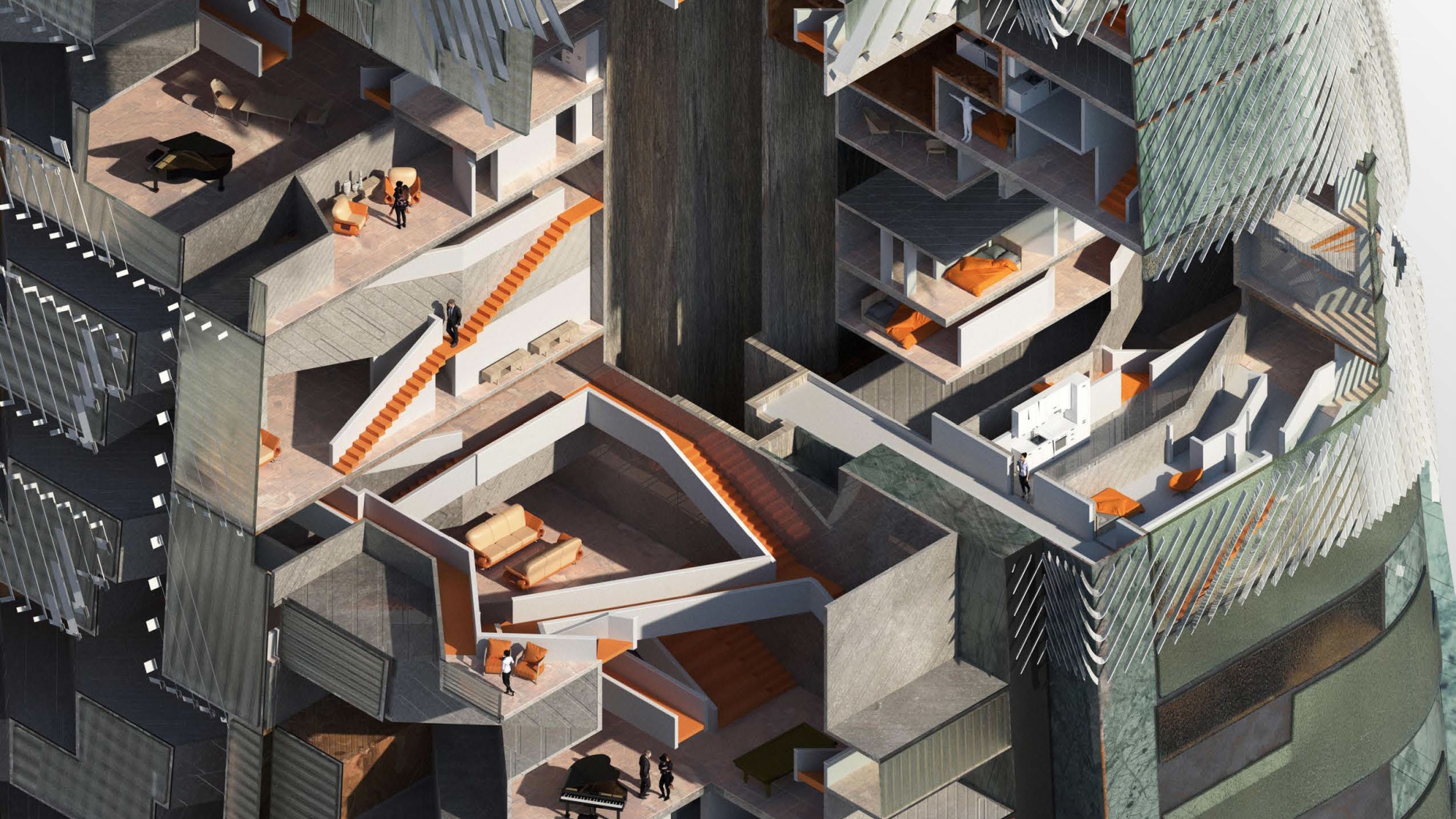 Partial cutaway of skyscraper. Design makes heavy use of oranges and browns. Also many multi floor open spaces