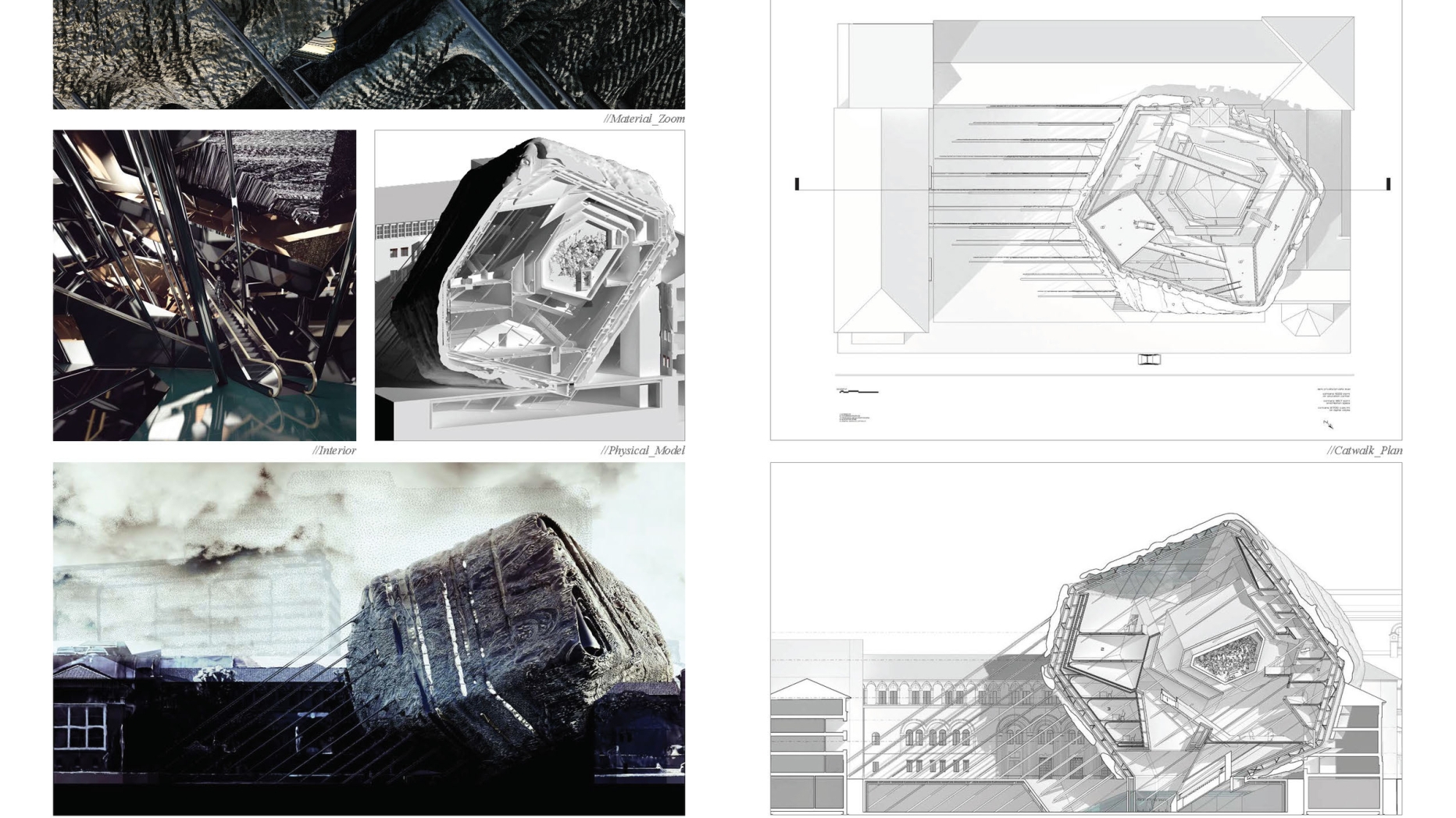 Interior and exterior drawings and renderings of biomorphic geometric building