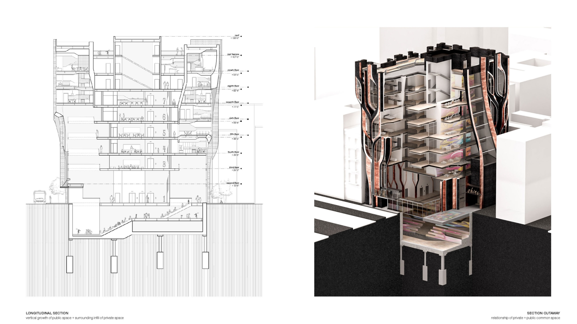 Drawing and rendering of cutaway of theater building with many floors above it for room of various use