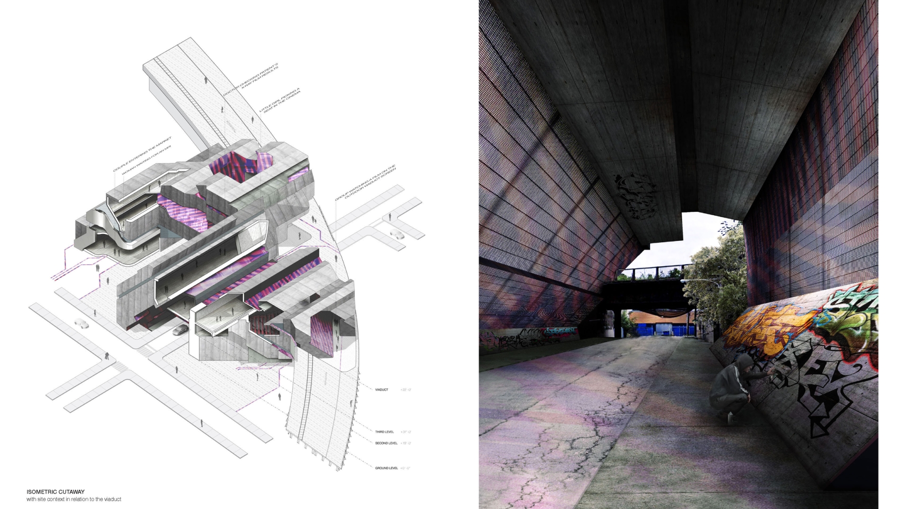 Isometric cutaway of building designed around a viaduct and rendering of a man grafittiing a wall