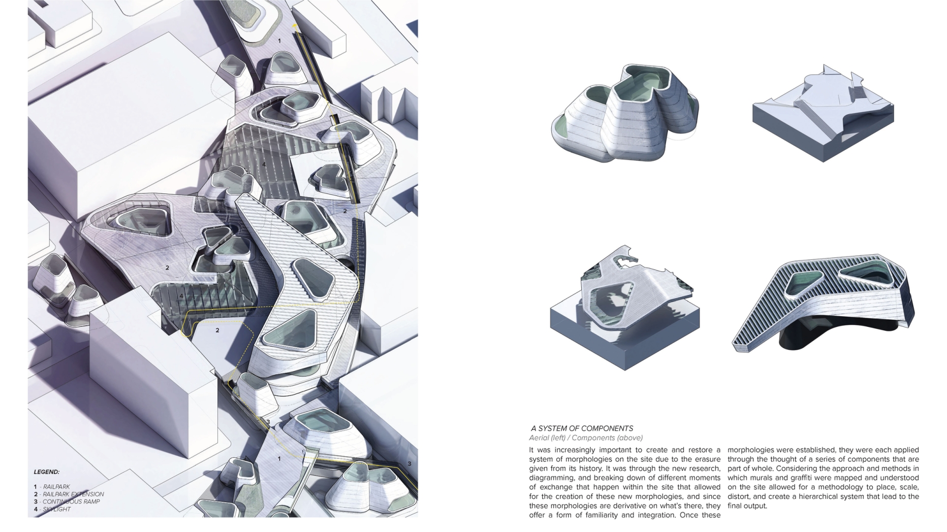 Overhead view of multiple structures with oblique angles and curved corners