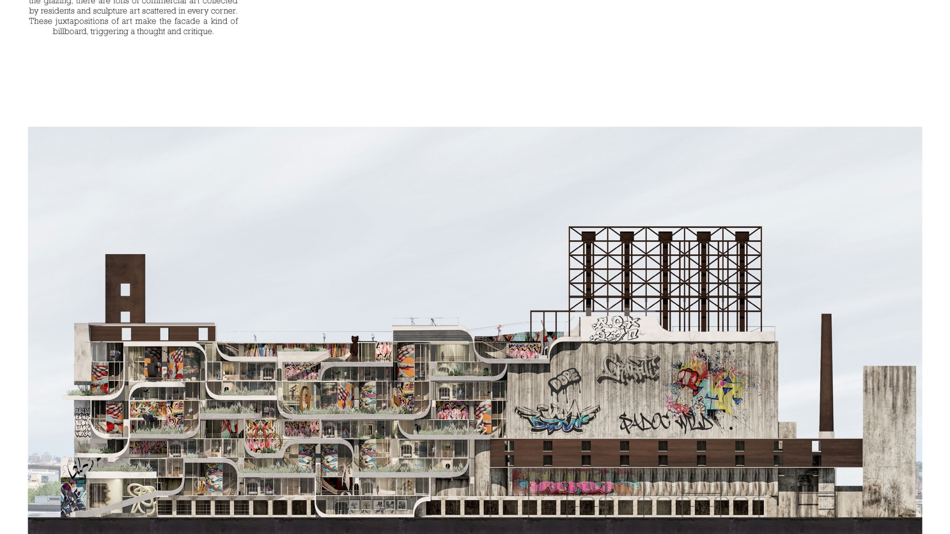 Art gallery with skate park aesthetic. Walls are lined with graffiti and there is heavy use of half pip like corners