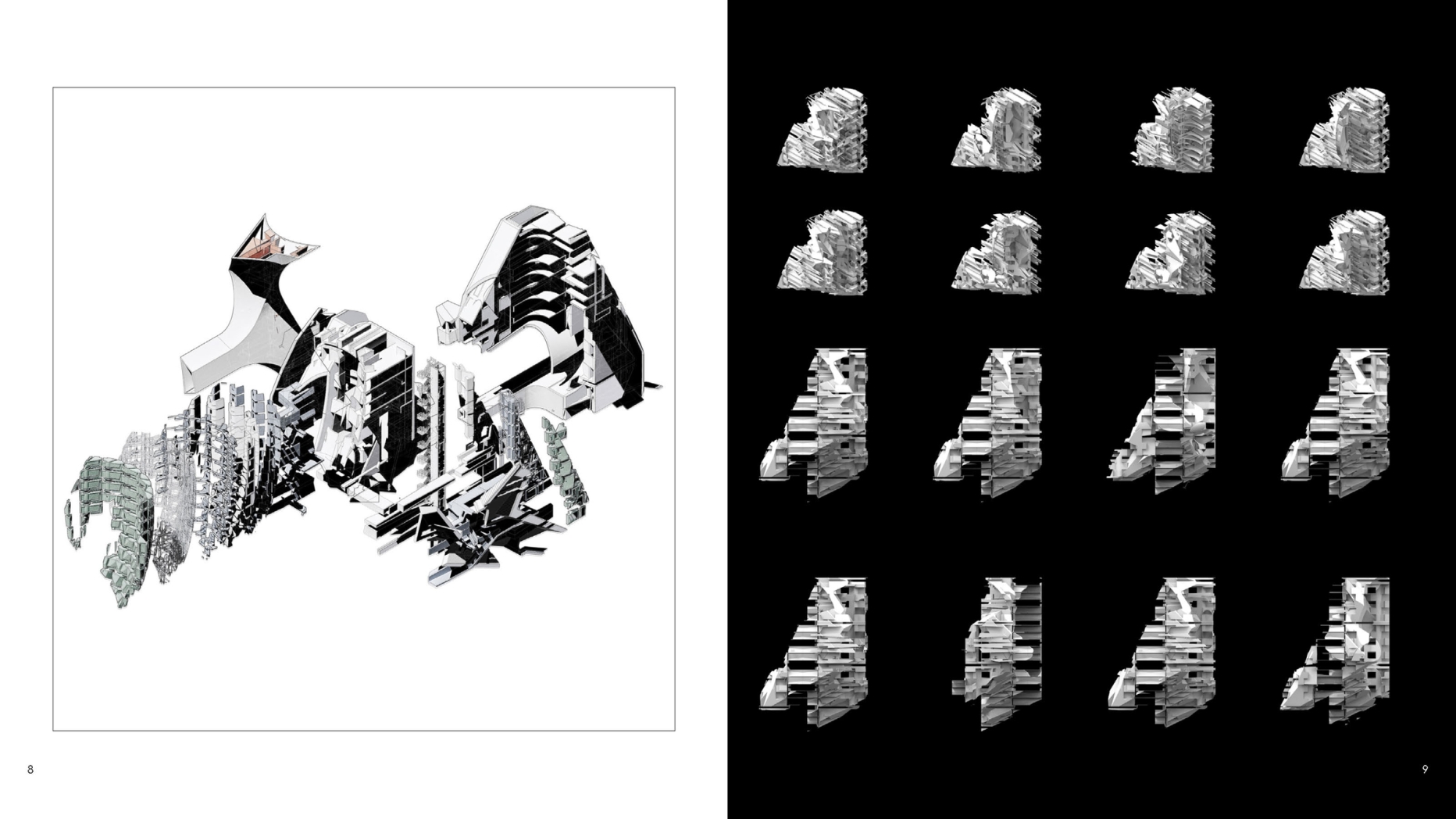 Abstract honeycomb like cutaways of large structure