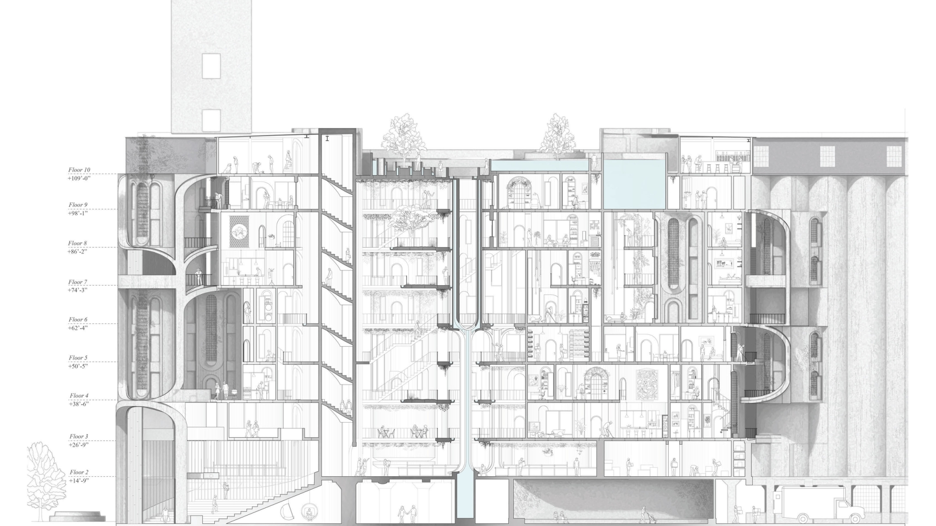 Cutaway drawing of apartment complex/marketplace with many green spaces and balconies
