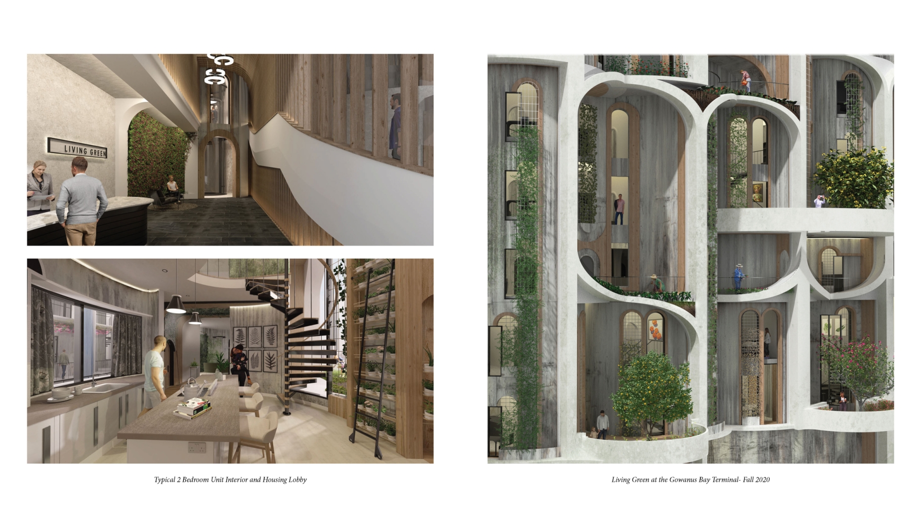 Rendering of lobby and facade of same building with curved walls and many green spaces and balconies